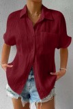 Burgundy Casual Solid Patchwork Basic Shirt Collar Tops