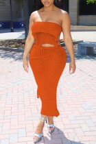 Orange Sexy Solid Bandage Backless Slit Strapless Sleeveless Two Pieces