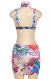 Colour Sexy Print Backless V Neck Sleeveless Two Pieces