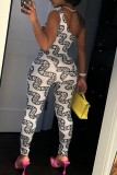 White Sexy Print Backless Oblique Collar Skinny Jumpsuits