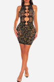 Black Sexy Patchwork Hot Drilling Hollowed Out O Neck Sleeveless Dress Dresses