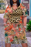 Turquoise Casual Print Patchwork Basic V Neck Short Sleeve Dress