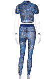 Blue Sexy Casual Street Print Mesh Half A Turtleneck Long Sleeve Two Pieces