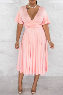 Pink Casual Solid Patchwork V Neck Short Sleeve Dress