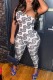 White Sexy Print Backless Oblique Collar Skinny Jumpsuits