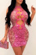 Rose Red Sexy Patchwork Hot Drilling Hollowed Out O Neck Sleeveless Dress Dresses