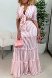 Pink Casual Striped Print Patchwork Frenulum V Neck Half Sleeve Two Pieces
