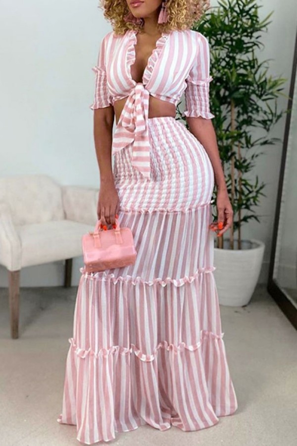Pink Casual Striped Print Patchwork Frenulum V Neck Half Sleeve Two Pieces