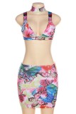 Colour Sexy Print Backless V Neck Sleeveless Two Pieces
