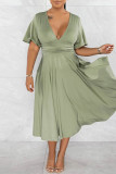 Army Green Casual Solid Patchwork V Neck Short Sleeve Dress