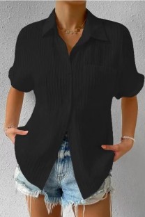 Black Casual Solid Patchwork Basic Shirt Collar Tops