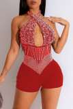 Red Sexy Patchwork Hot Drilling Hollowed Out Backless Halter Skinny Romper