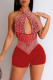 Red Sexy Patchwork Hot Drilling Hollowed Out Backless Halter Skinny Romper