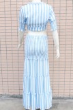 Blue Casual Striped Print Patchwork Frenulum V Neck Half Sleeve Two Pieces