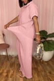 Pink Casual Solid Basic Turndown Collar Short Sleeve Two Pieces