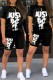 Black Casual Print Letter O Neck Short Sleeve Two Pieces