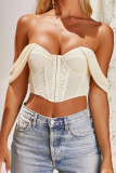 Apricot Sexy Street Solid Patchwork Mesh Strapless High Waist Tops