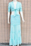 Blue Casual Striped Print Patchwork Frenulum V Neck Half Sleeve Two Pieces
