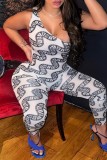 White Sexy Print Backless Oblique Collar Skinny Jumpsuits