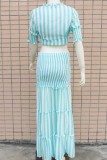 Blue Casual Striped Print Patchwork Frenulum V Neck Half Sleeve Two Pieces