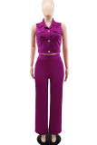 Purple Casual Elegant Solid Patchwork Buckle Turndown Collar Sleeveless Two Pieces