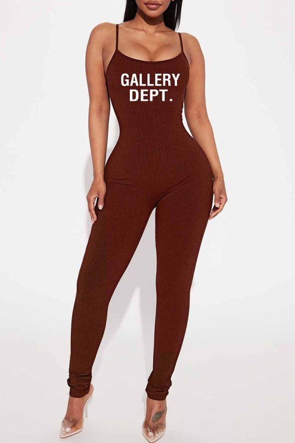 Brown Street Print Letter Spaghetti Strap Jumpsuits