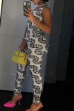White Sexy Print Backless Oblique Collar Skinny Jumpsuits