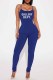 Royal Blue Street Print Letter Spaghetti Strap Jumpsuits