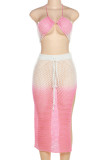 Pink Sexy Gradual Change Hollowed Out See-through Backless Slit Halter Sleeveless Two Pieces