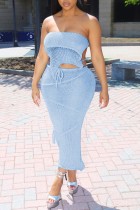 Light Blue Sexy Solid Bandage Backless Slit Strapless Sleeveless Two Pieces
