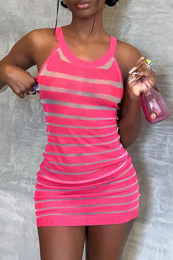 Rose Red Sexy Striped See-through O Neck Sleeveless Dress Dresses