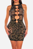 Black Sexy Patchwork Hot Drilling Hollowed Out O Neck Sleeveless Dress Dresses