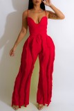Rose Red Sexy Casual Solid Tassel Backless Spaghetti Strap Sleeveless Two Pieces