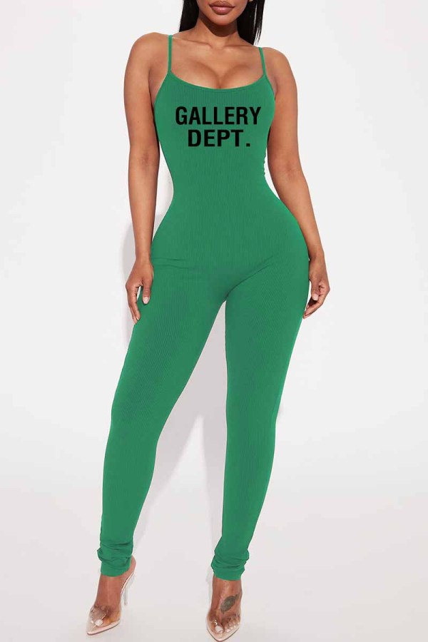 Green Street Print Letter Spaghetti Strap Jumpsuits