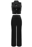 Black Casual Elegant Solid Patchwork Buckle Turndown Collar Sleeveless Two Pieces