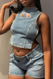Blue Sexy Casual Street Geometric Backless Strap Design Halter High Waist Tops