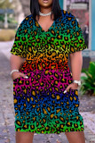 Leopard Print Casual Print Patchwork Basic V Neck Short Sleeve Dress