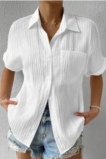 White Casual Solid Patchwork Basic Shirt Collar Tops