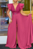 Pink Elegant Solid Patchwork Fold With Belt V Neck Straight Jumpsuits