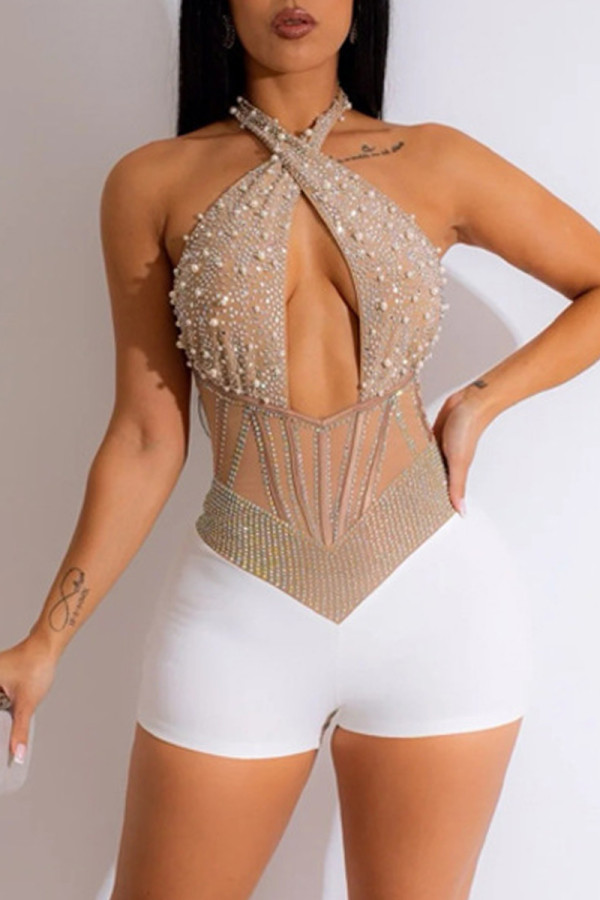 Apricot Sexy Patchwork Hot Drilling Hollowed Out Backless Halter Skinny Romper