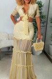 Yellow Casual Striped Print Patchwork Frenulum V Neck Half Sleeve Two Pieces