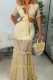 Yellow Casual Striped Print Patchwork Frenulum V Neck Half Sleeve Two Pieces