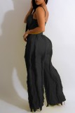 Black Sexy Casual Solid Tassel Backless Spaghetti Strap Sleeveless Two Pieces