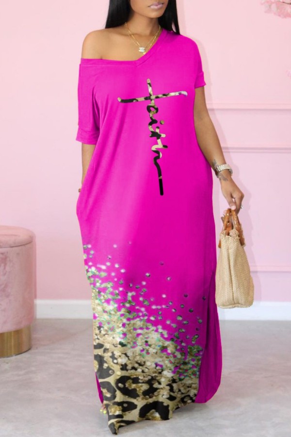 Rose Red Casual Print Basic V Neck Short Sleeve Dress Dresses
