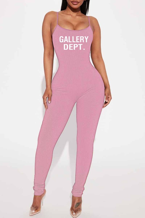 Pink Street Print Letter Spaghetti Strap Jumpsuits