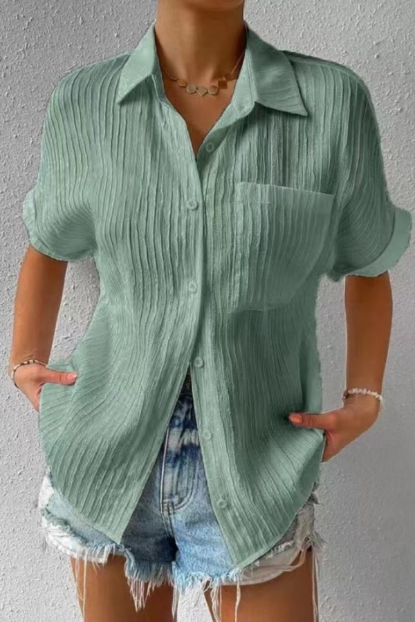 Green Casual Solid Patchwork Basic Shirt Collar Tops