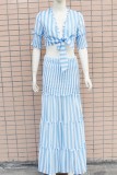 Blue Casual Striped Print Patchwork Frenulum V Neck Half Sleeve Two Pieces
