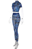Blue Sexy Casual Street Print Mesh Half A Turtleneck Long Sleeve Two Pieces