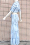 Blue Casual Striped Print Patchwork Frenulum V Neck Half Sleeve Two Pieces