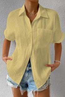 Yellow Casual Solid Patchwork Basic Shirt Collar Tops